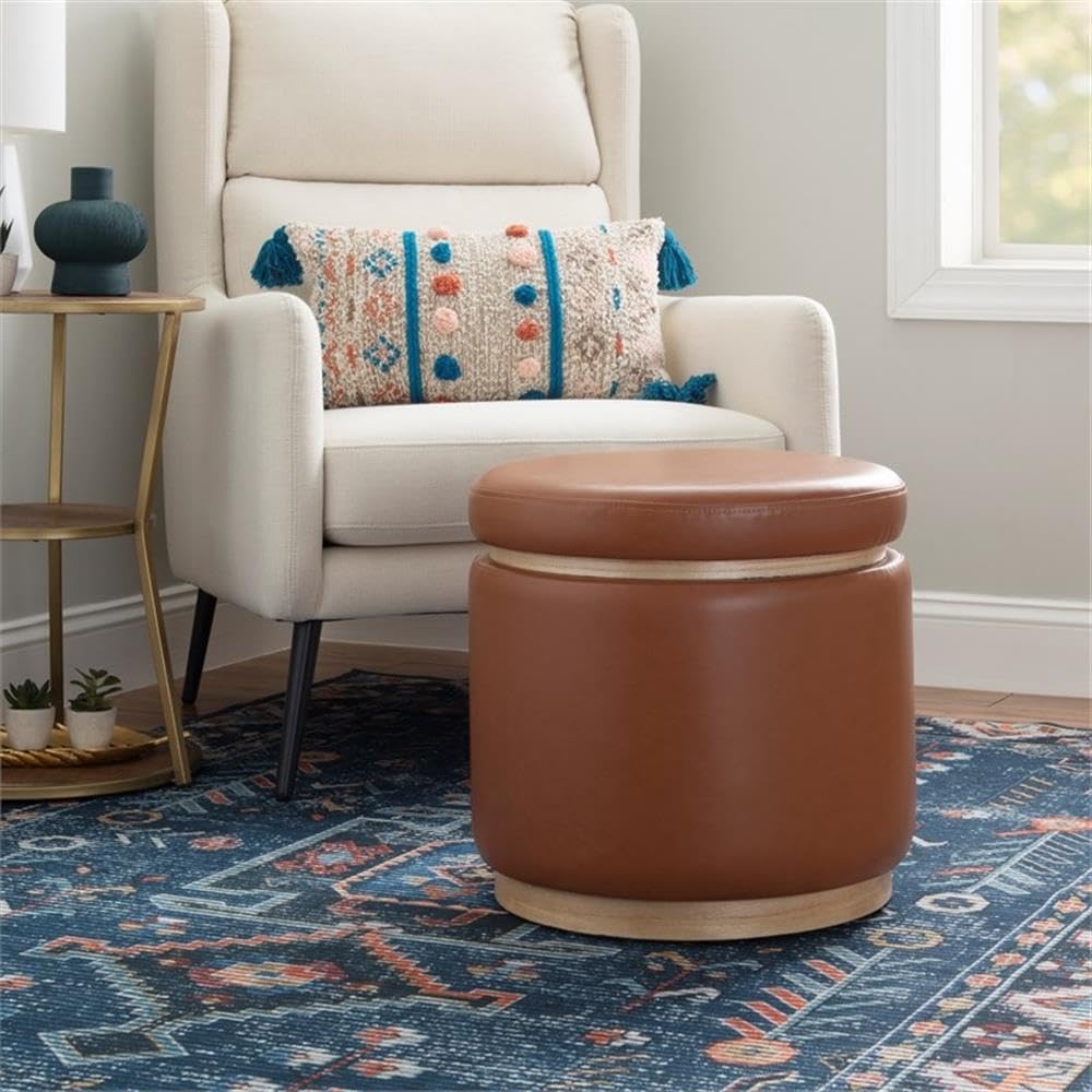 Round Storage Ottoman with Wood Trim