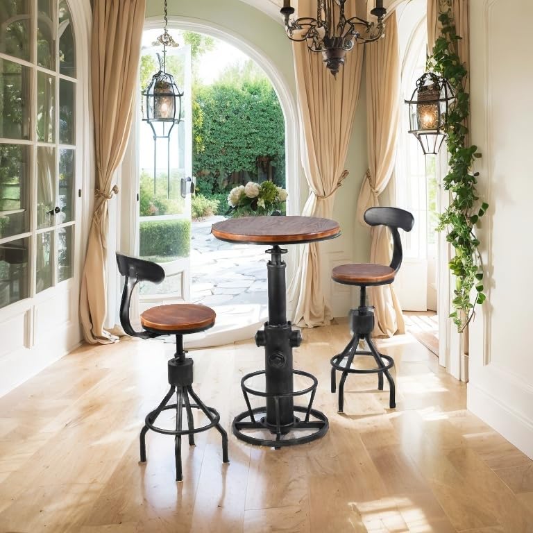 LOKKHAN 3-Piece Bar Table (38.6"-48.4") & 2 Backrest Stools (24"-30") Set for Pub Kitchen Dining Living Party Bistro Breakfast, Swivel Top, Height Adjustable, Most Weld, Space-Saving
