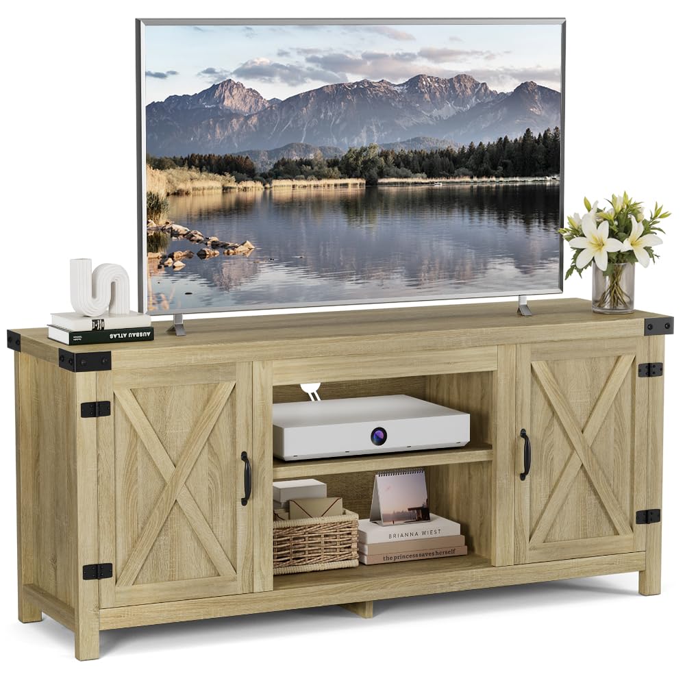 Modern Farmhouse TV Stand with Barn Doors for 65+ Inch TVs