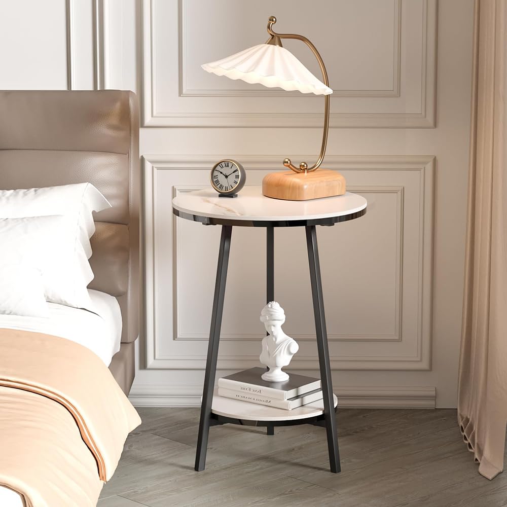 2-Tier Round Marble Side Table - White and Black End Table