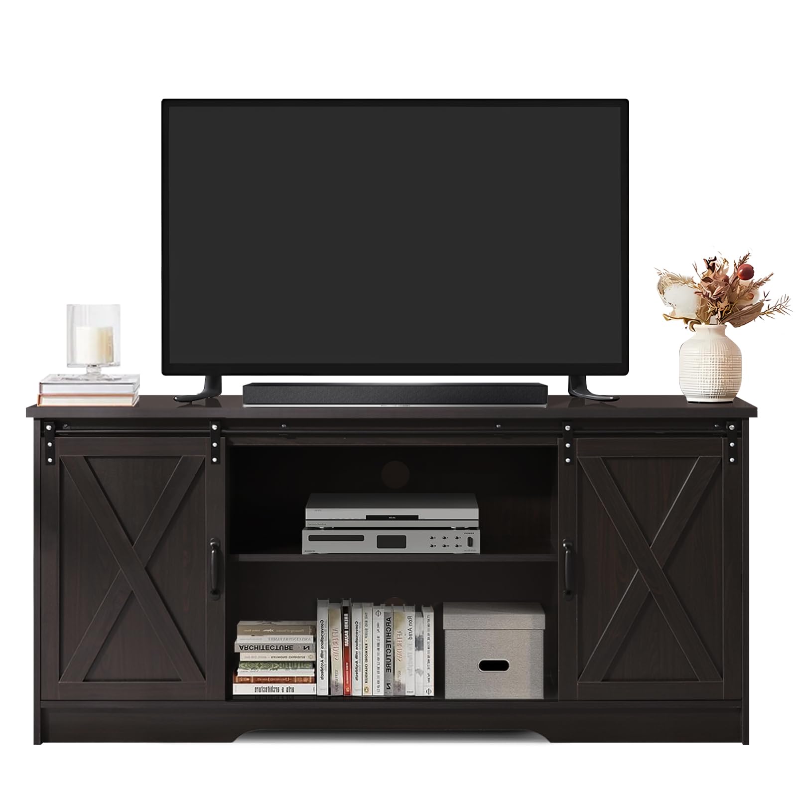 65 Inch TV Stand with Sliding Barn Doors and Storage Cabinets