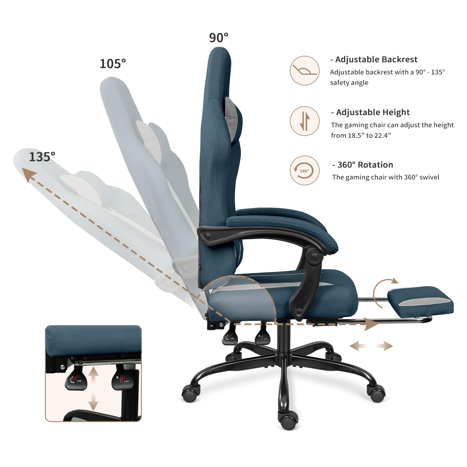 Breathable Fabric Gaming Chair with Footrest