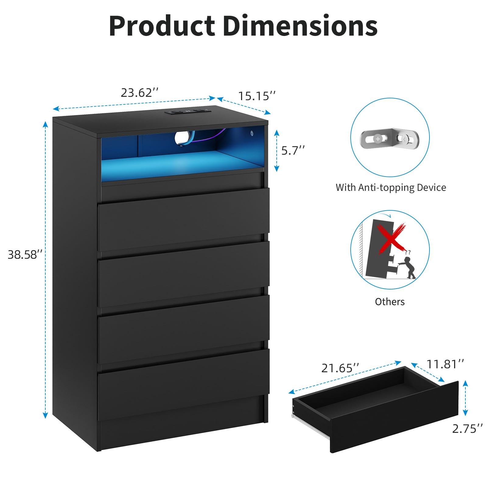 4 Drawer Dresser with Power Outlet and LED Light