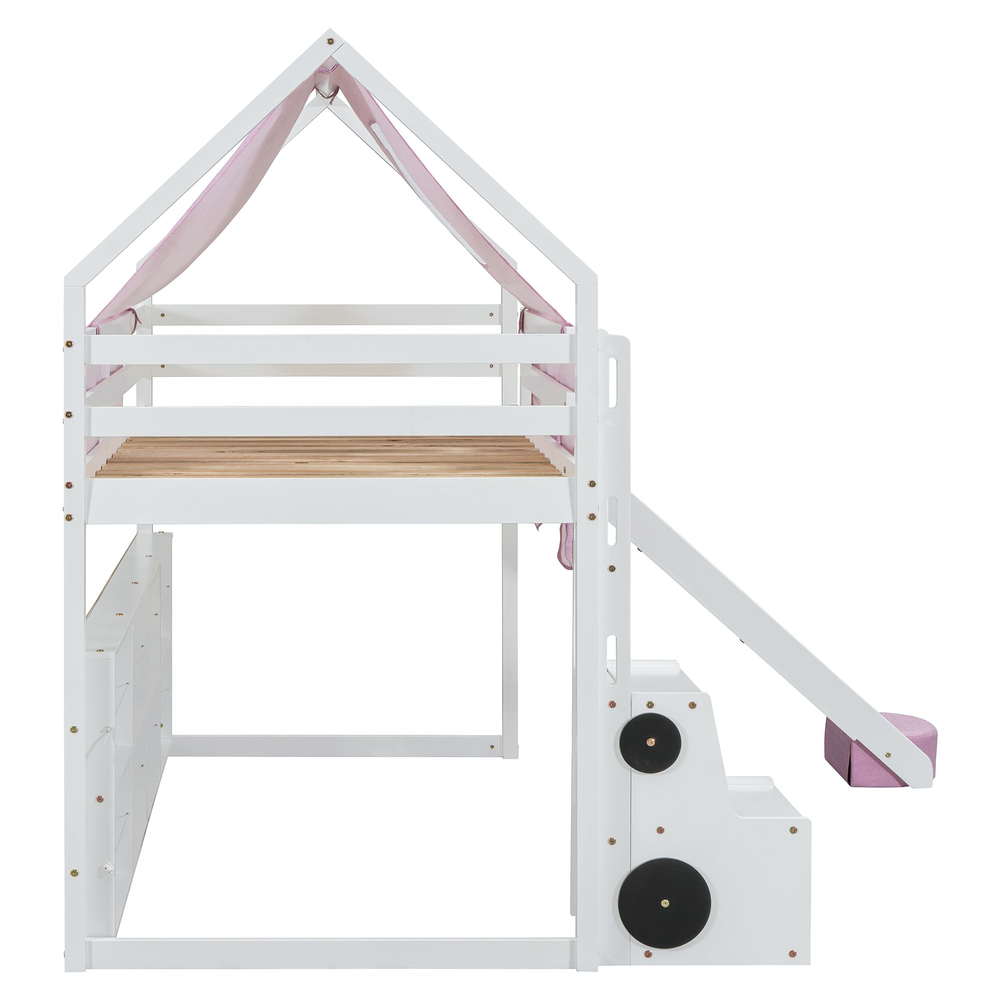 LZ LEISURE ZONE Twin Size Loft Bed with Slide, Wooden Twin House-Shaped Frame with Ladder, Shelves and a Tent, White
