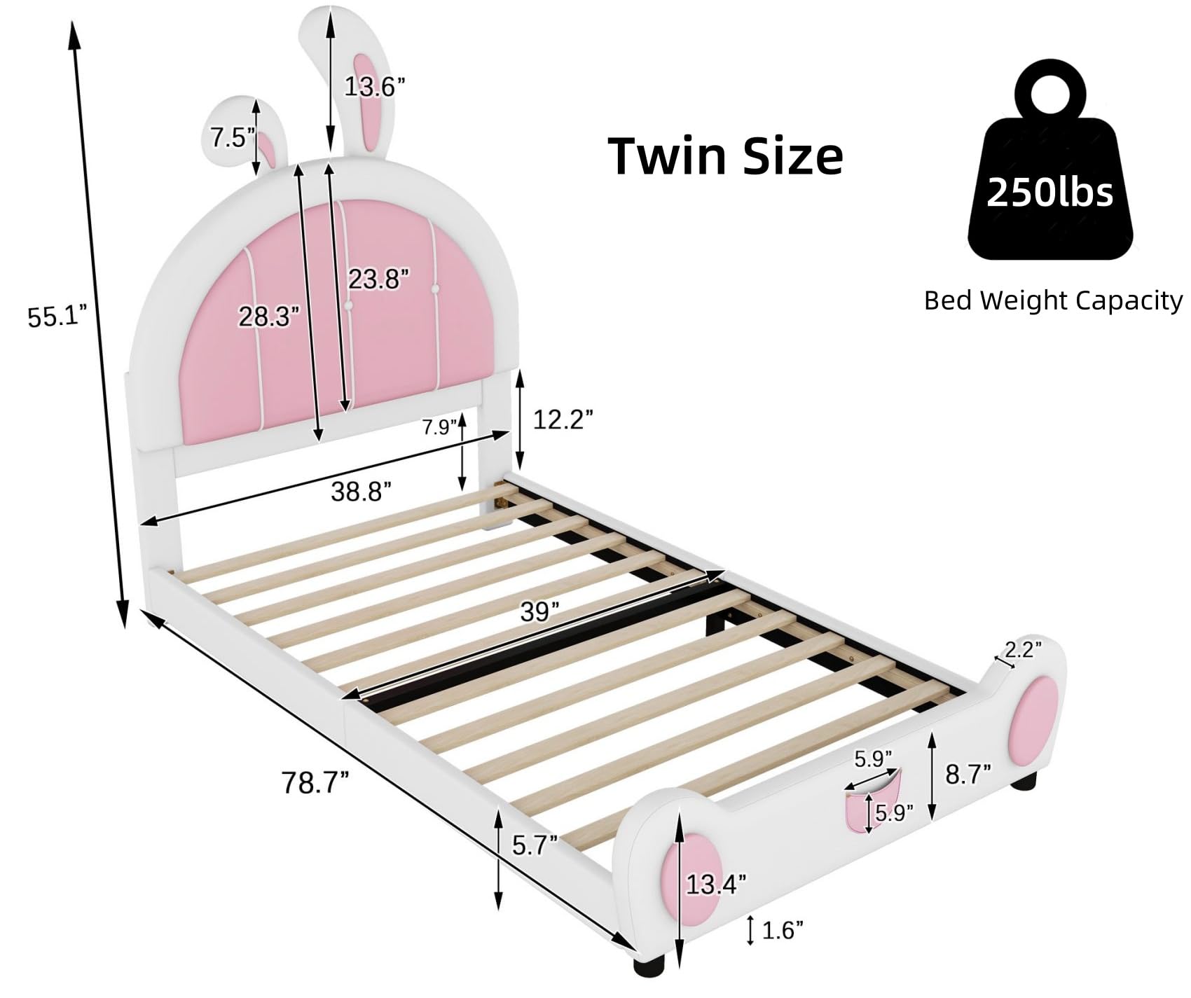 Twin Platform Bed Frame with Rabbit Shaped Upholstered Headboard