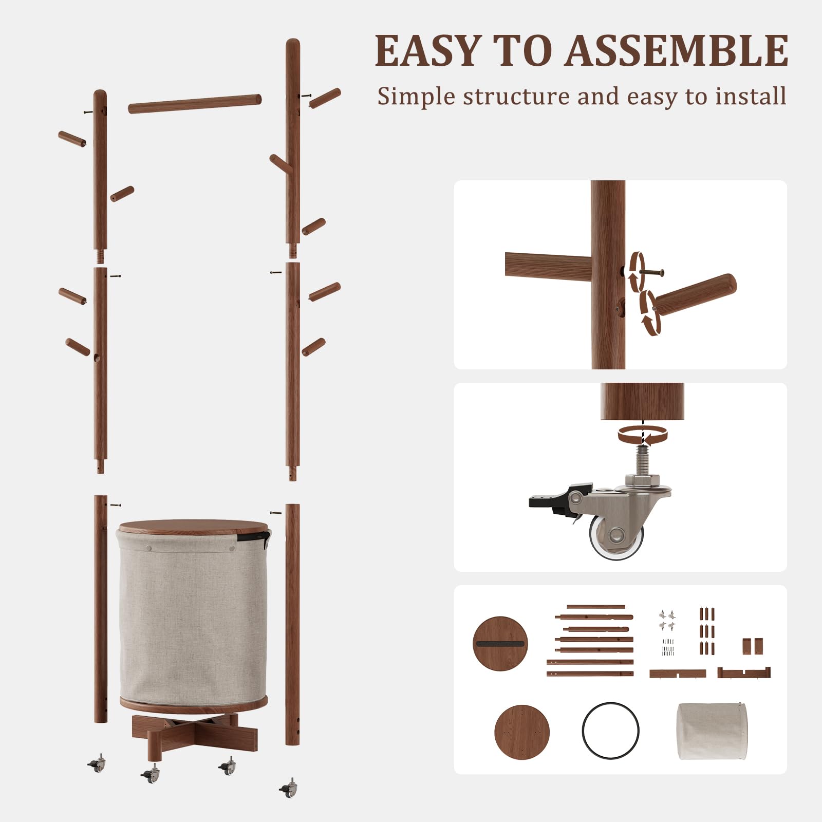 Solid Wood Coat Rack with Fabric Basket and 9 Hooks