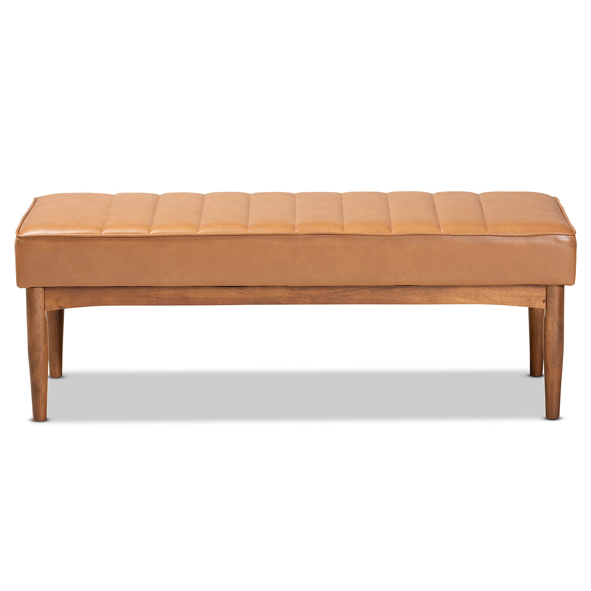 Mid-Century Modern Tan Faux Leather Dining Bench