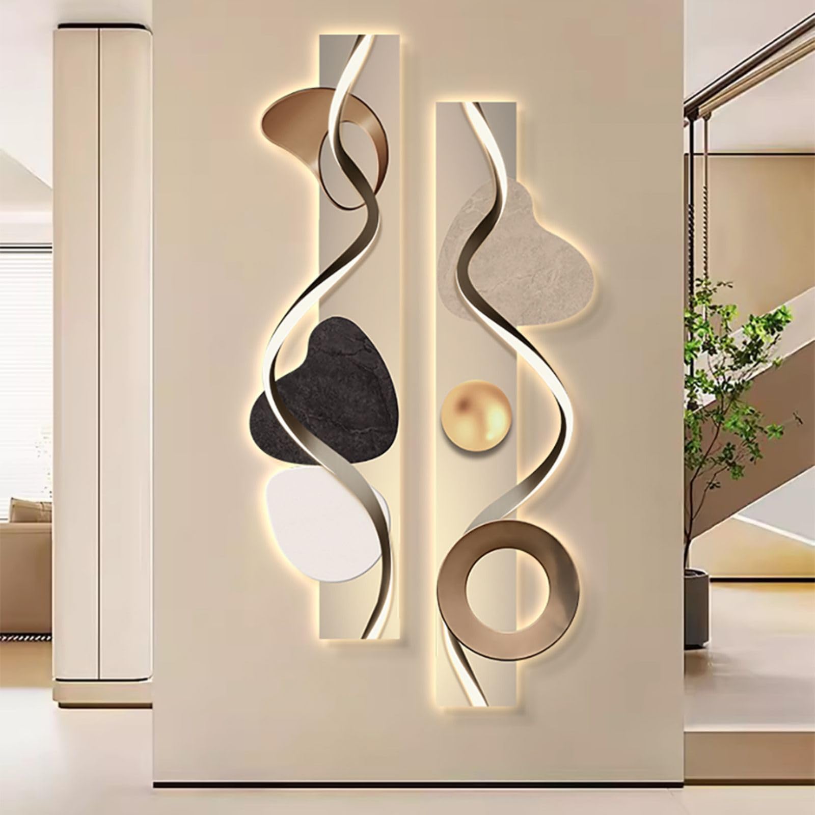 Modern Abstract Wall Art with LED Backlighting – Geometric Dual-Panel Wall Sculpture