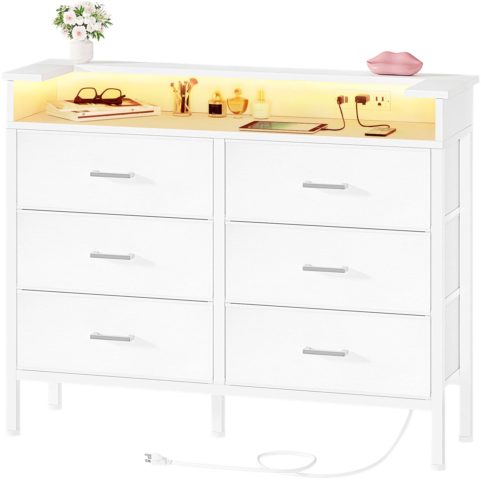 White Dresser with LED Light and Charging Station