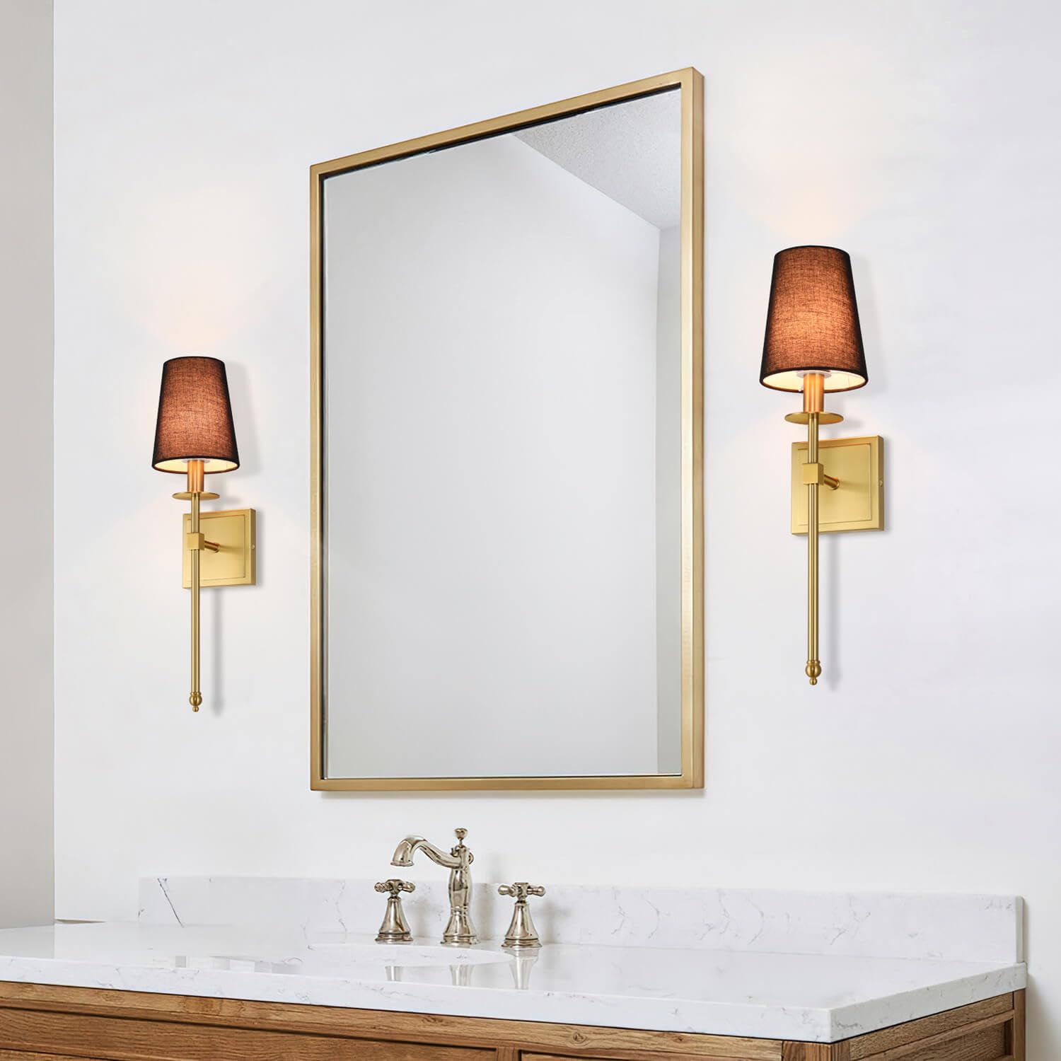 Hardwired Brushed Brass Wall Sconces Set of 2 with Black Fabric Shade