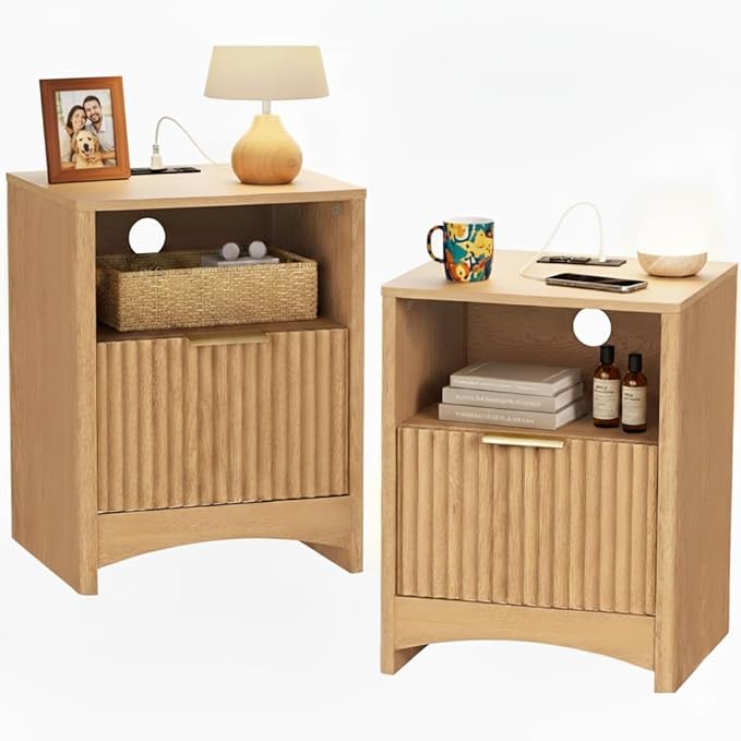 Fluted Nightstand with Charging Station