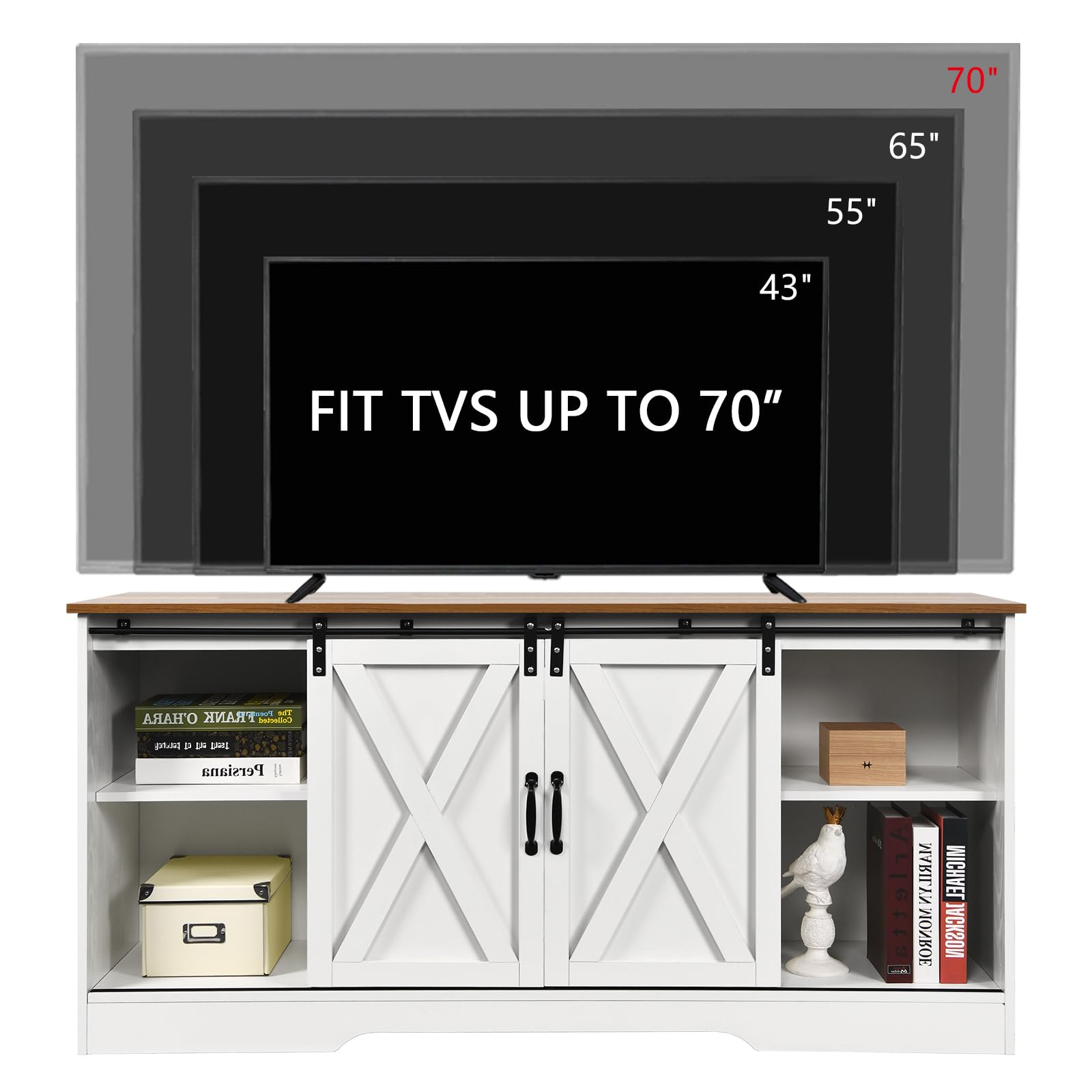 Farmhouse TV Stand for 65 Inch TV with Sliding Barn Doors - White