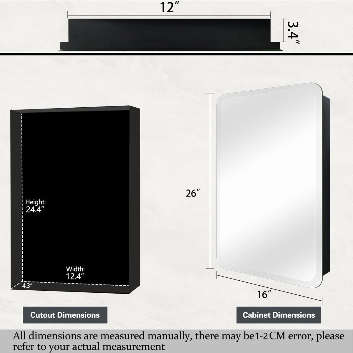 16" x 26" Frameless Medicine Cabinet with Mirror - Black