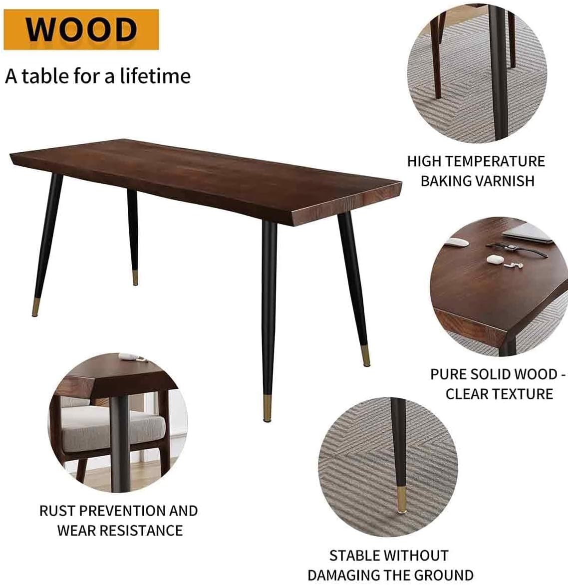 55" Standing Desk Study Computer Desk - Black Metal Frame Solid Wood