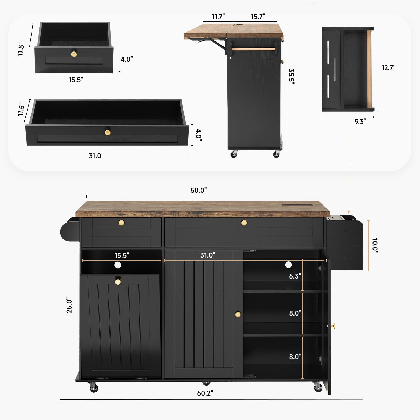 60" Large Kitchen Island Table on Wheels with Drop Leaf & Power Outlet