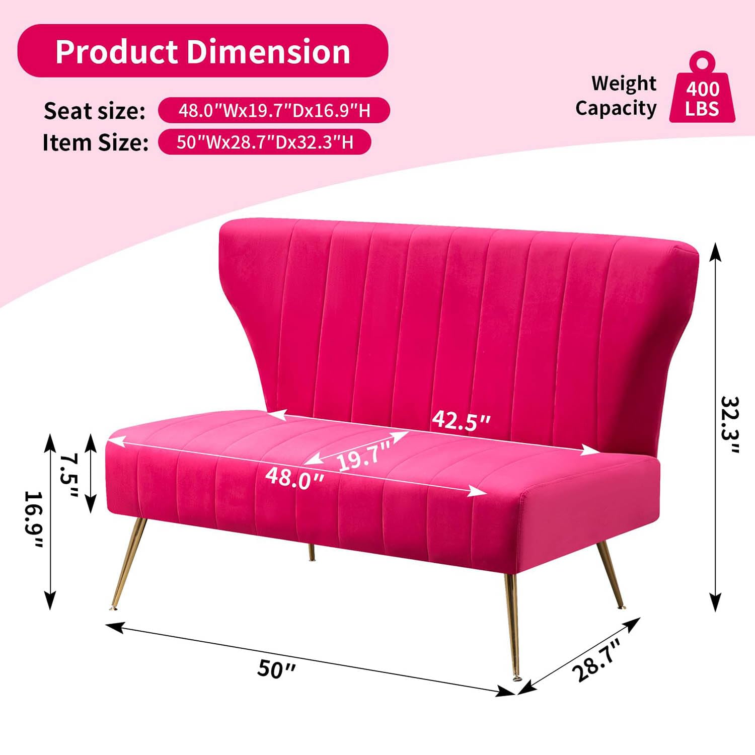 Velvet Loveseat with Gold Metal Legs