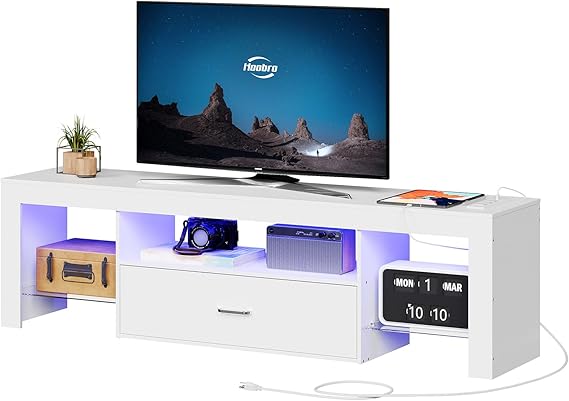 LED TV Stand with Power Outlets and Glass Shelves