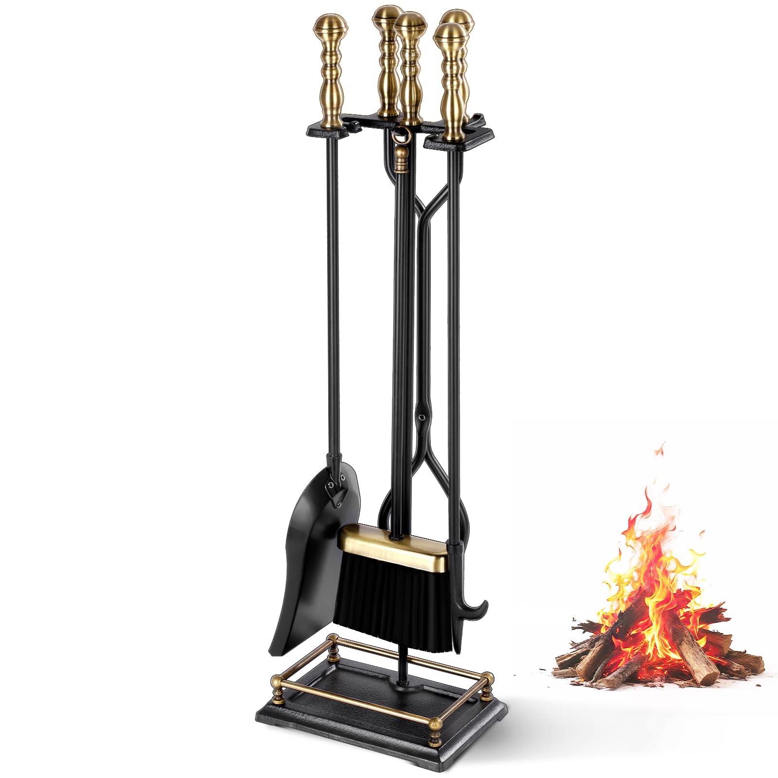 5-Piece Fireplace Tool Set with Brass Handles