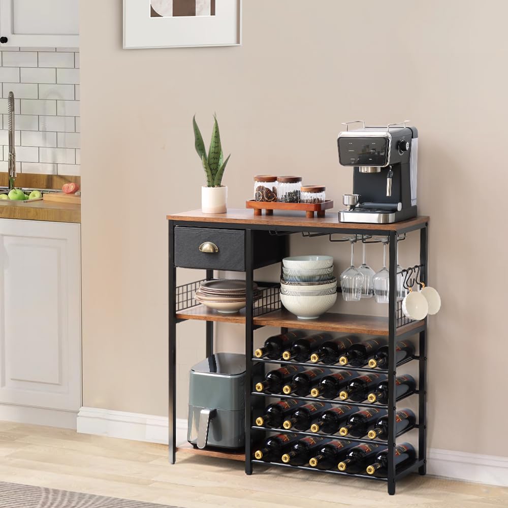 5-Tier Wood Wine Rack with Glass Holder
