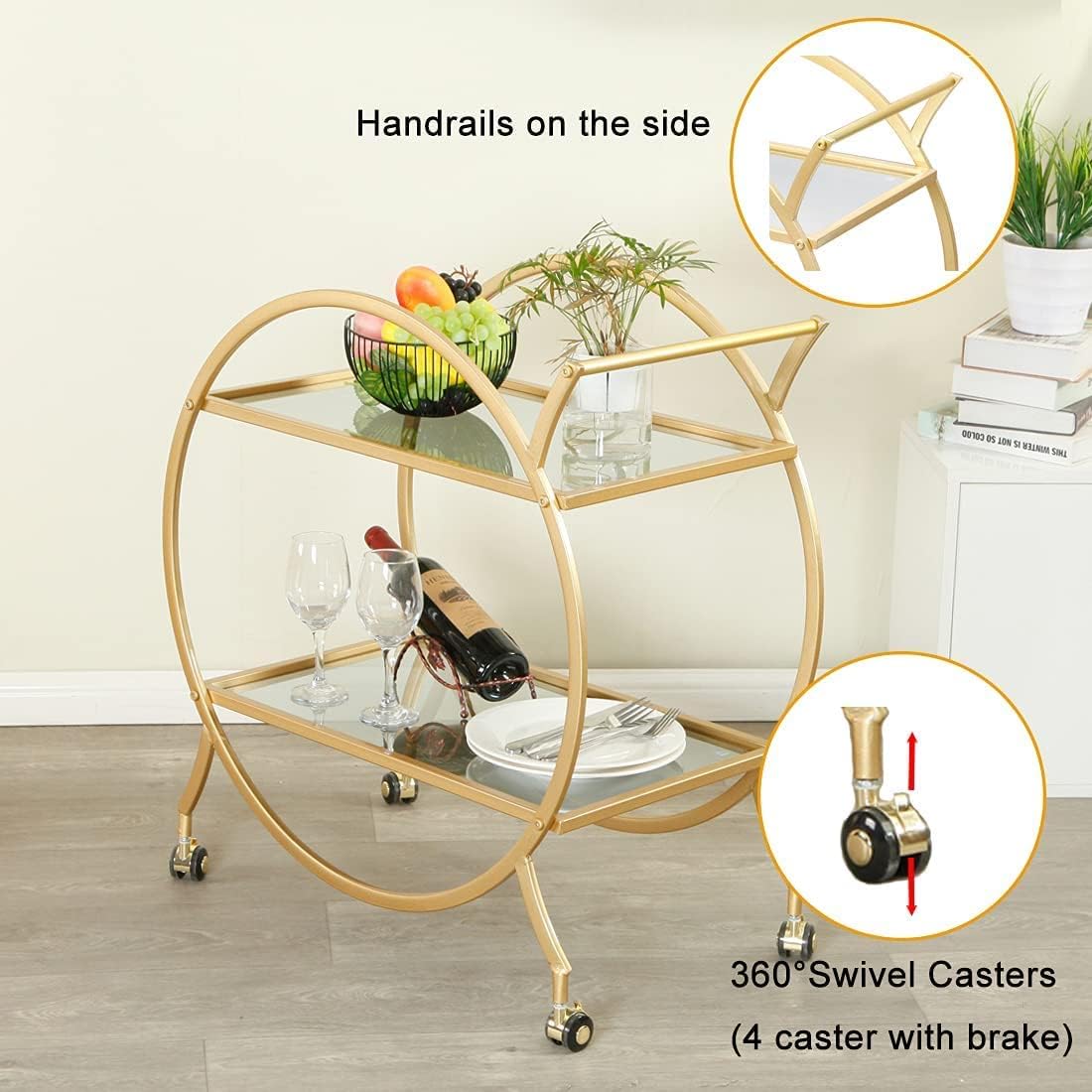 Bar Cart with 2 Mirrored Shelves - Gold Metal Rolling Serving Cart