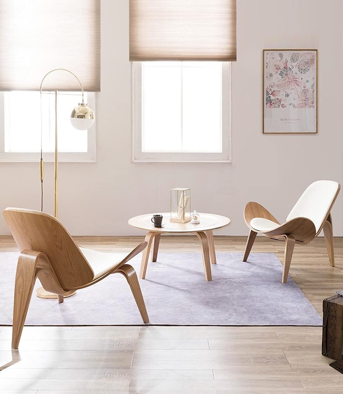 Hans Wegner Style Shell Chair - Ash Plywood White Faux Leather Accent Chair