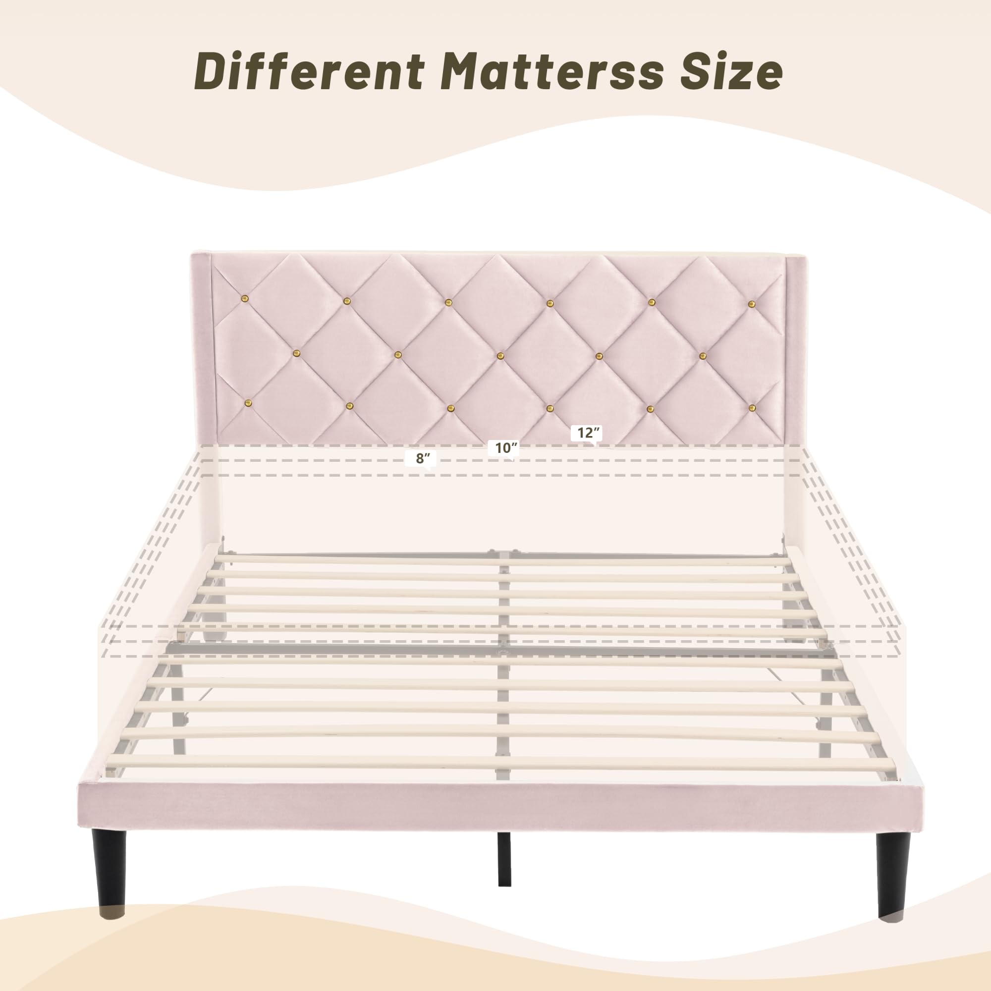 Queen Platform Bed Frame with Velvet Upholstered Headboard