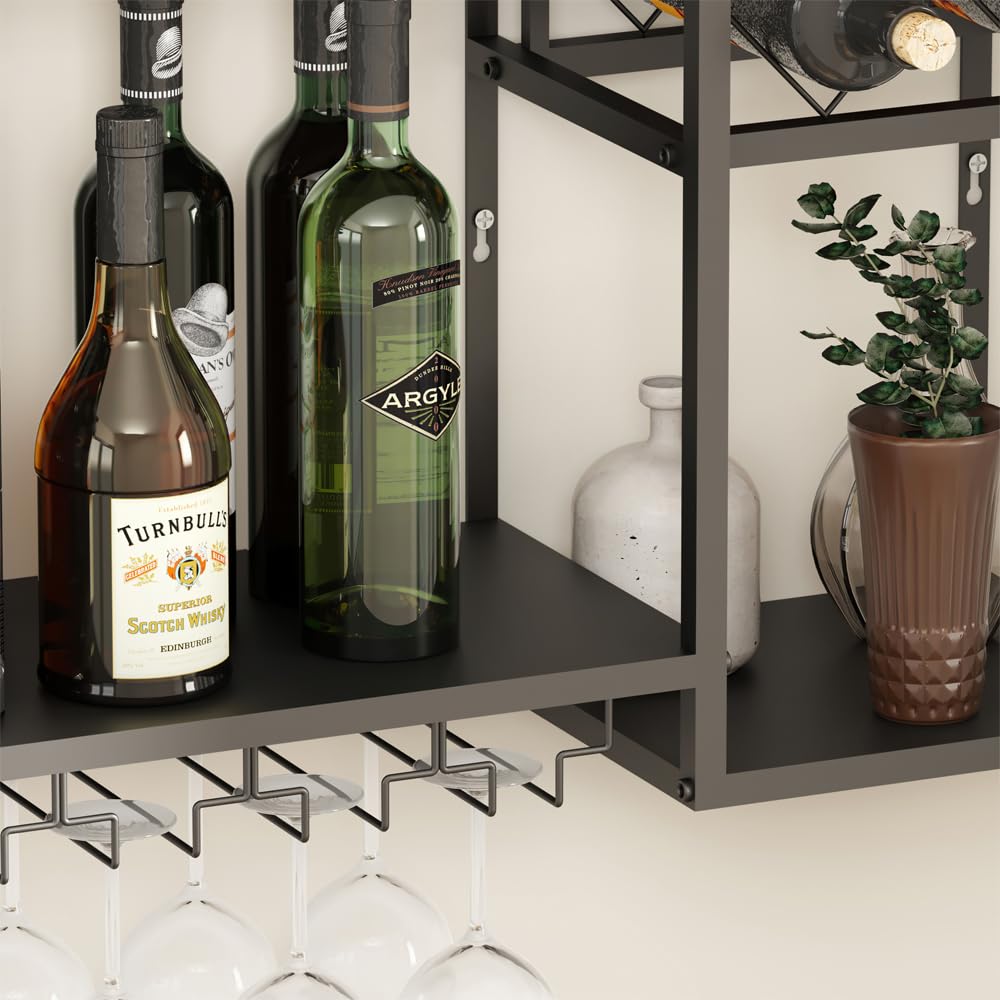 Wall Mounted Wine Rack 2 Tier with Glass Holder