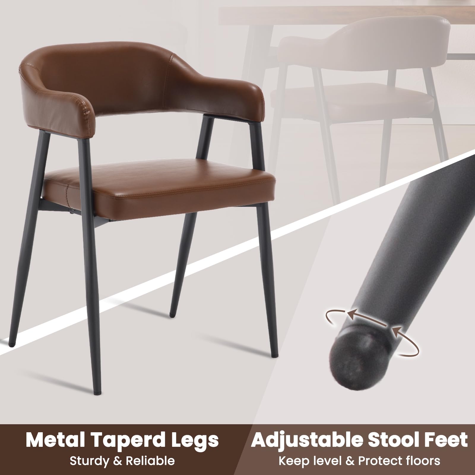 Brown Leather Dining Chairs Set of 4 with Black Metal Legs