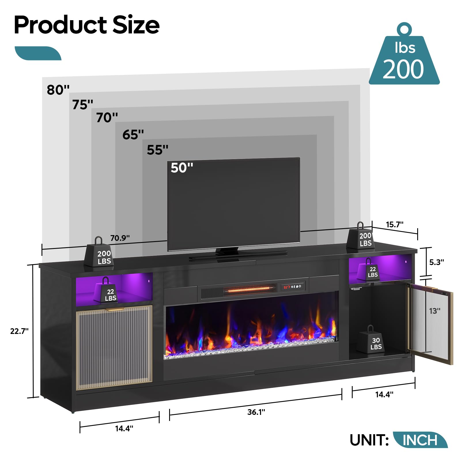 70" Fireplace TV Stand with LED Lighting