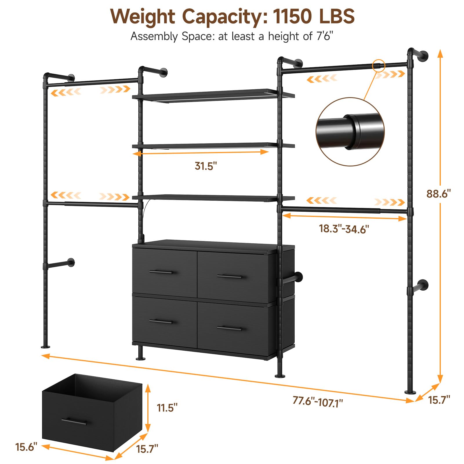 Closet System with Dimmable LED Light and Storage