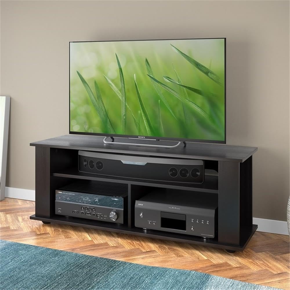 CorLiving Bakersfield Black Engineered Wood TV Stand with Open Shelves Including Sound Bar Space for TVs up to 55"