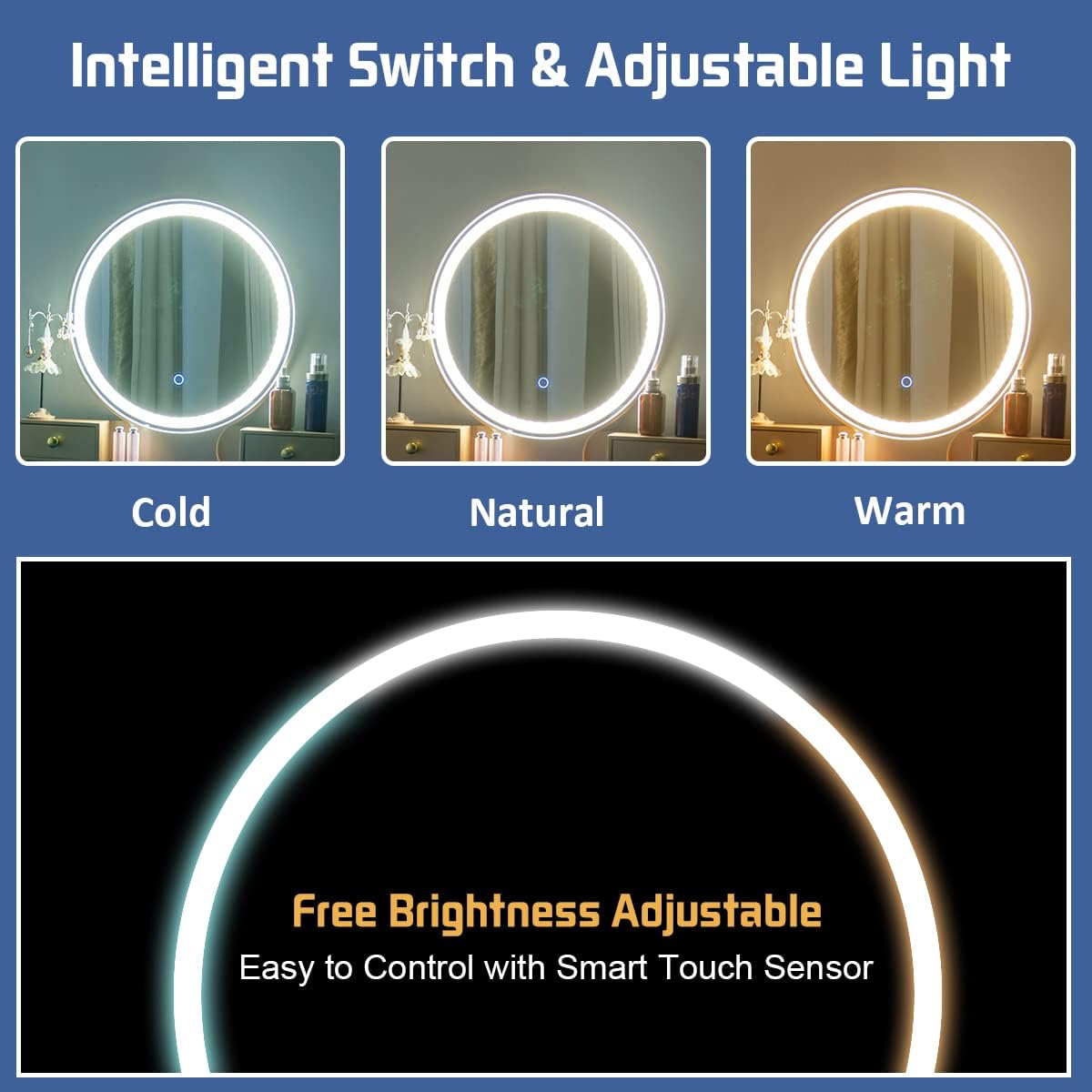 Navy Blue Vanity Desk with 3-Color Lighted Mirror and 4 Drawers