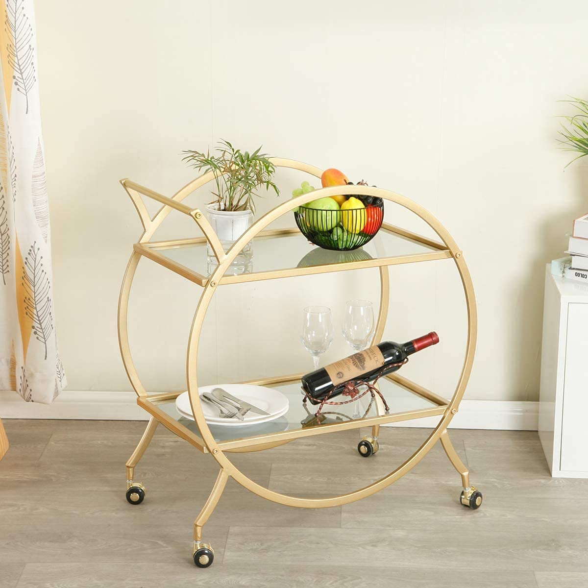 Bar Cart with 2 Mirrored Shelves and Locking Wheels