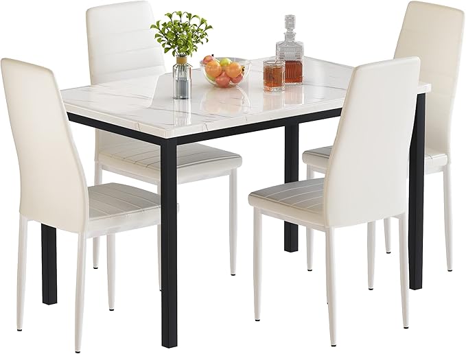 5 Pieces Dining Table Set with Faux Marble Top and 4 Upholstered Chairs