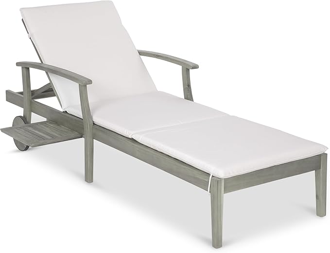 Acacia Wood Chaise Lounge Chair with Adjustable Backrest and Side Table