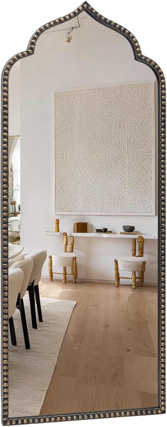 Arched Wall Mirror with Metal Beaded Frame