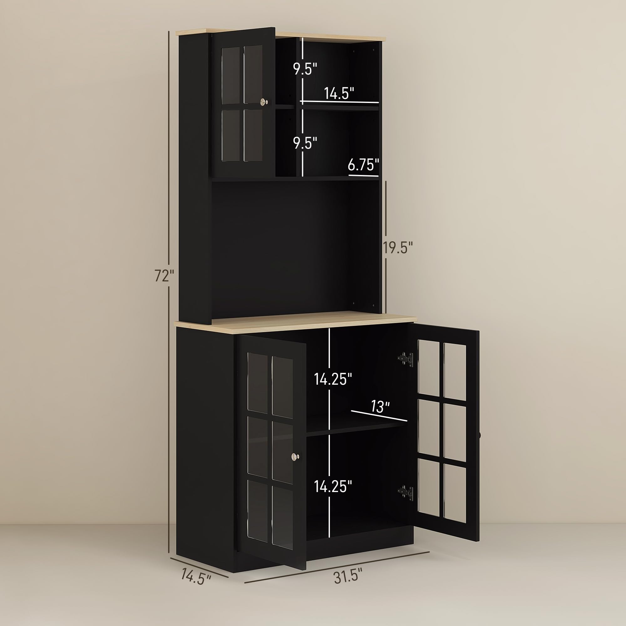 Kitchen Pantry Storage Cabinet 72" with Glass Doors