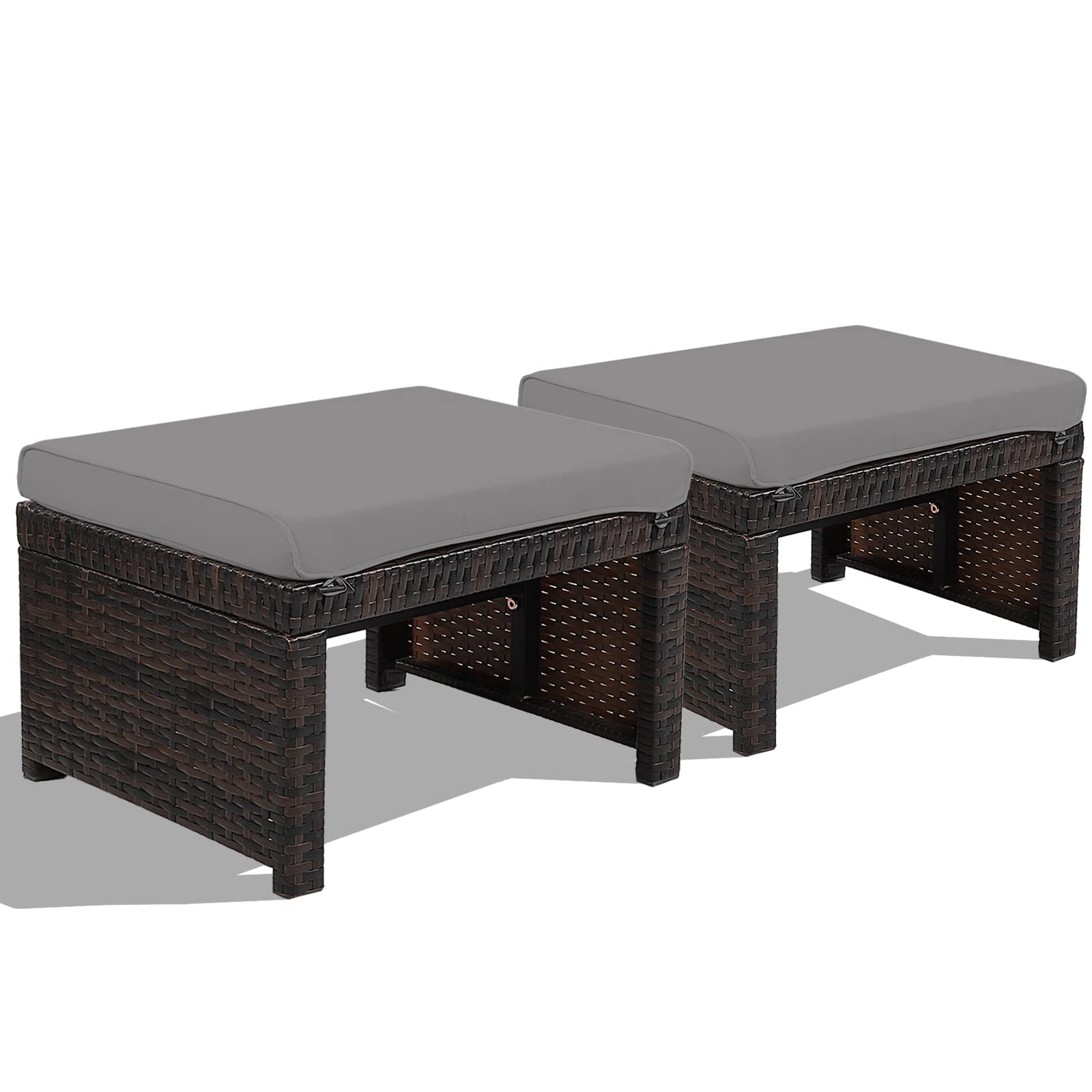 2 Piece Outdoor Wicker Ottomans with Cushions