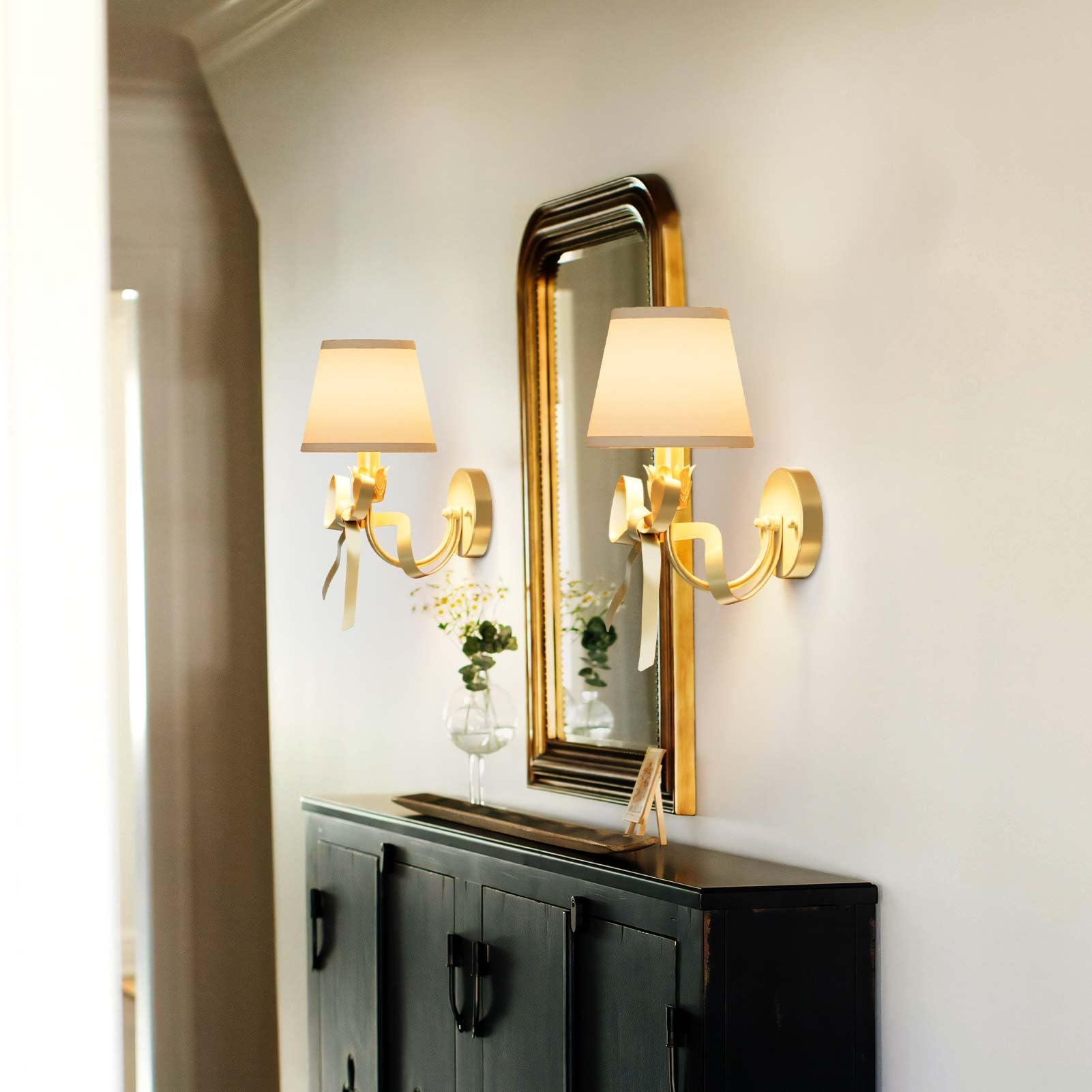 Gold Bow Wall Sconces Set of 2 with White Fabric Shades