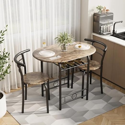 3-Piece Wooden Dining Table Set with 2 Chairs and Wine Rack