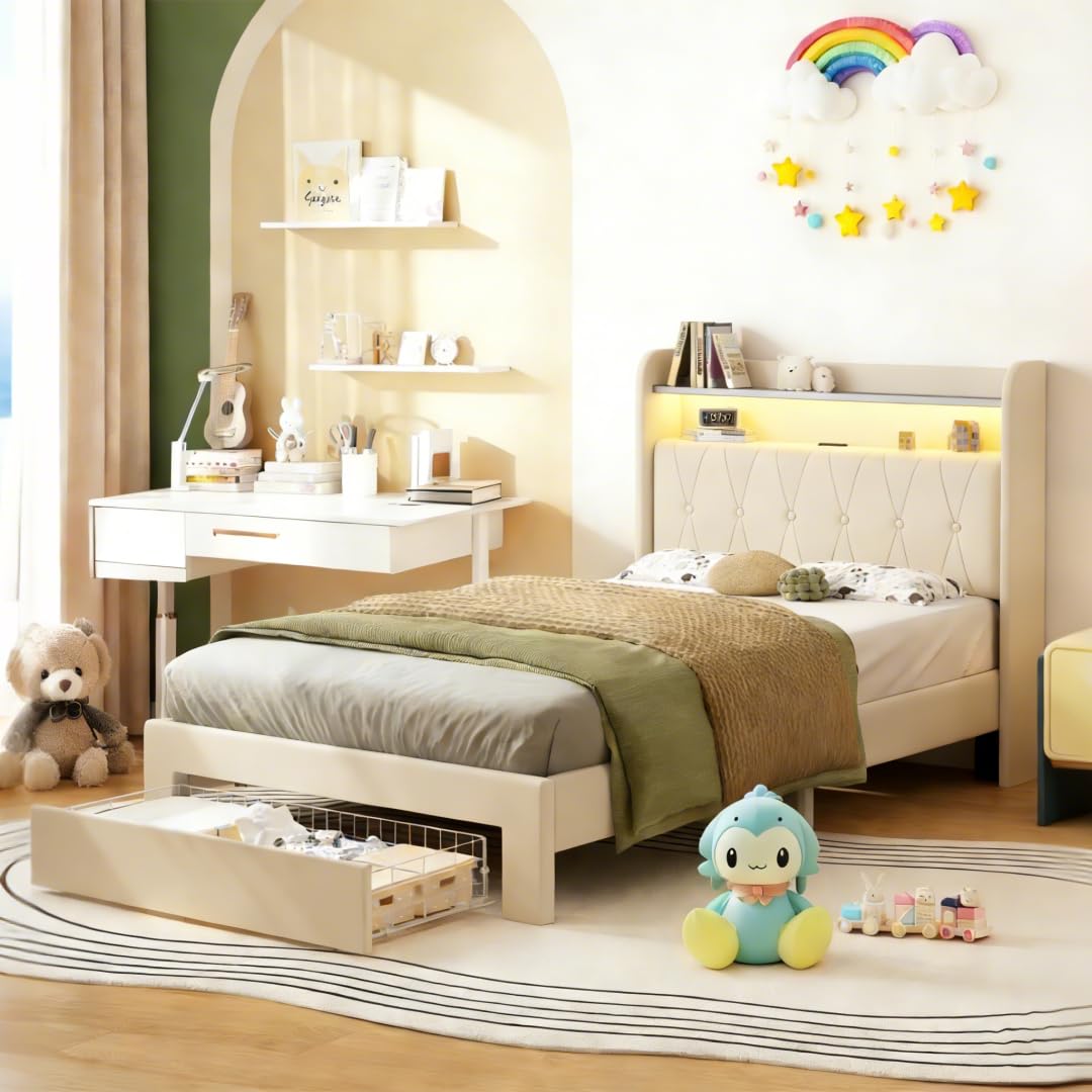 Twin Upholstered Platform Bed with LED Lights