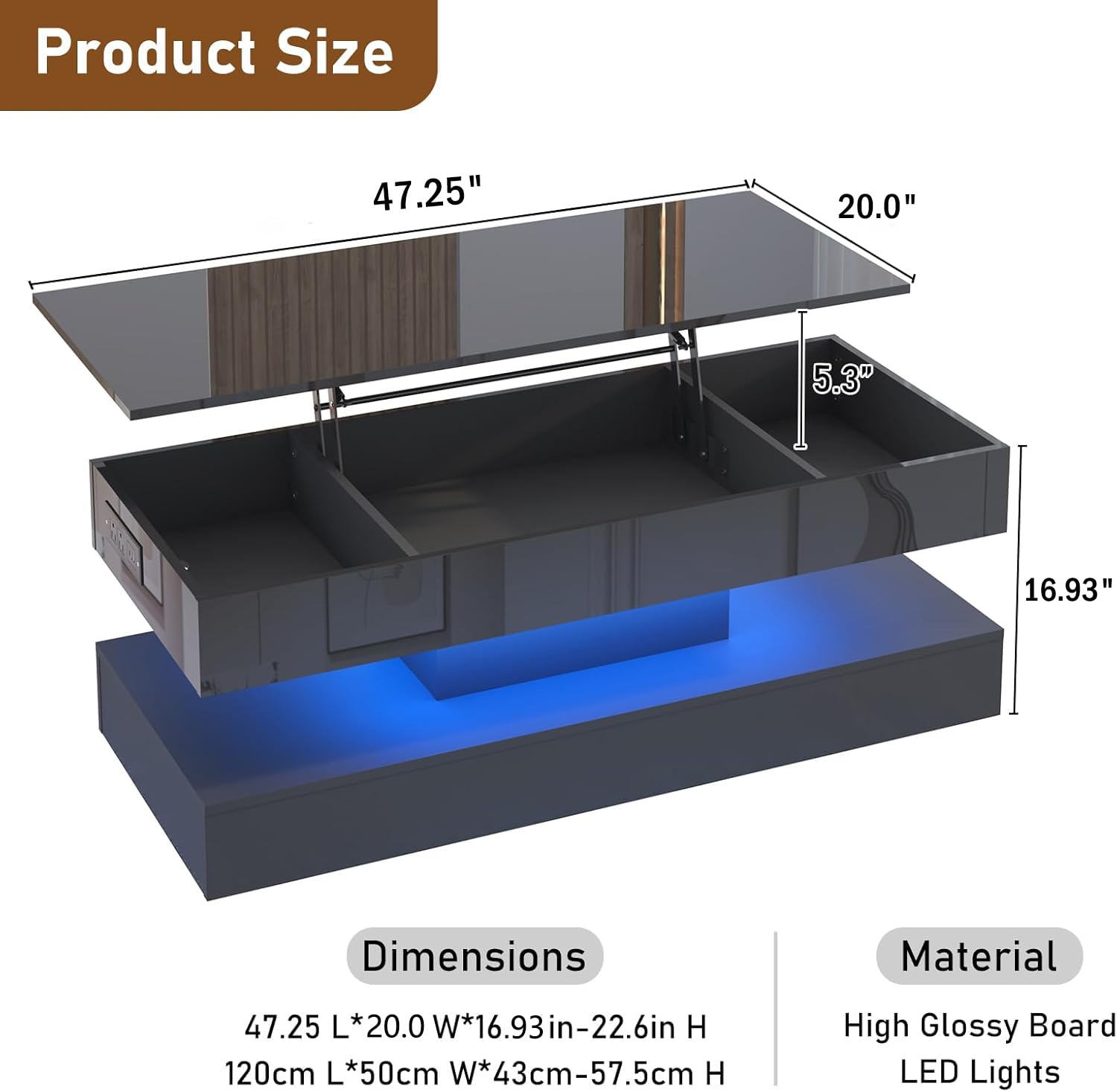 Lift Top Coffee Table with LED Lights and Storage