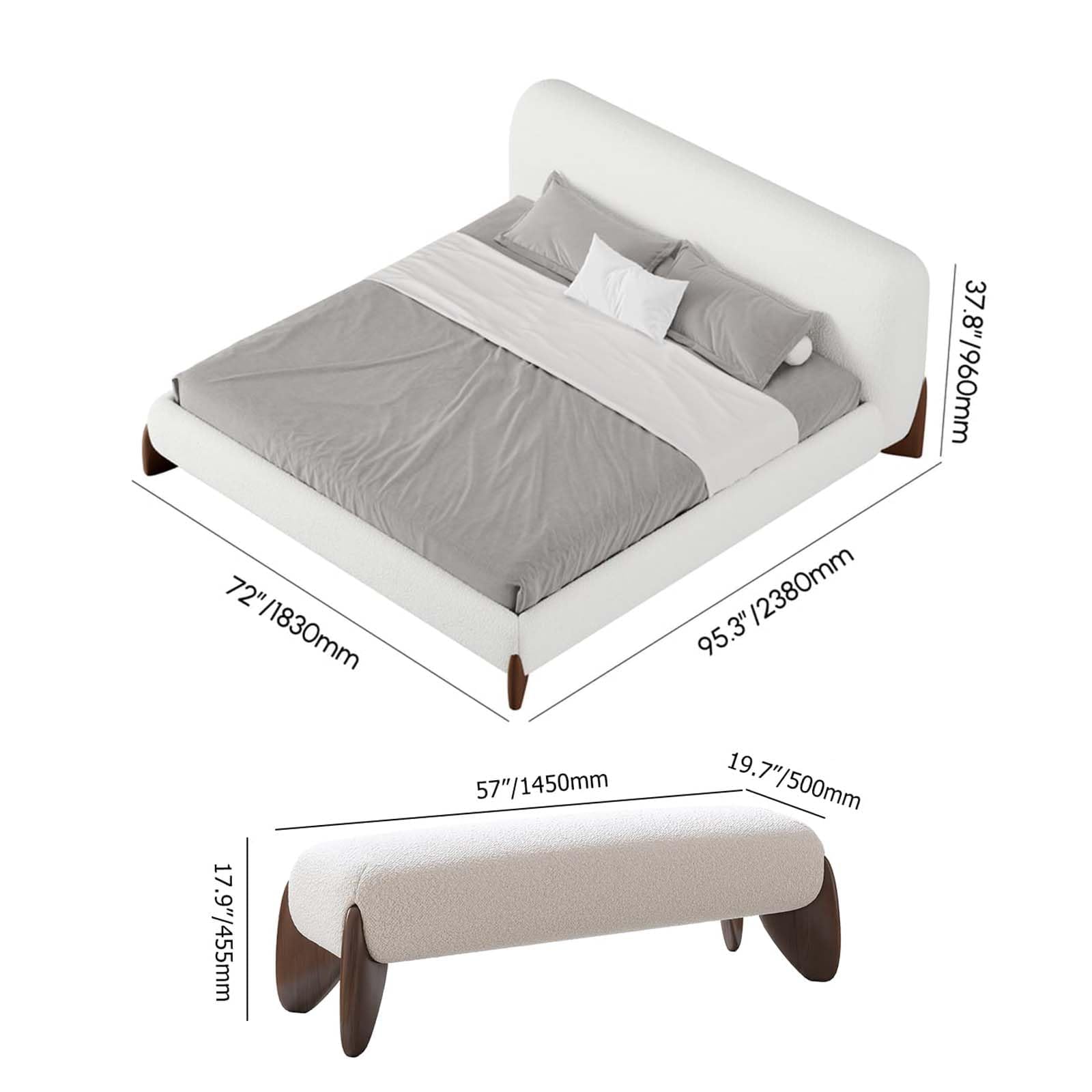 Modern Bedroom Furniture Set - White Boucle Queen Platform Bed with Bench