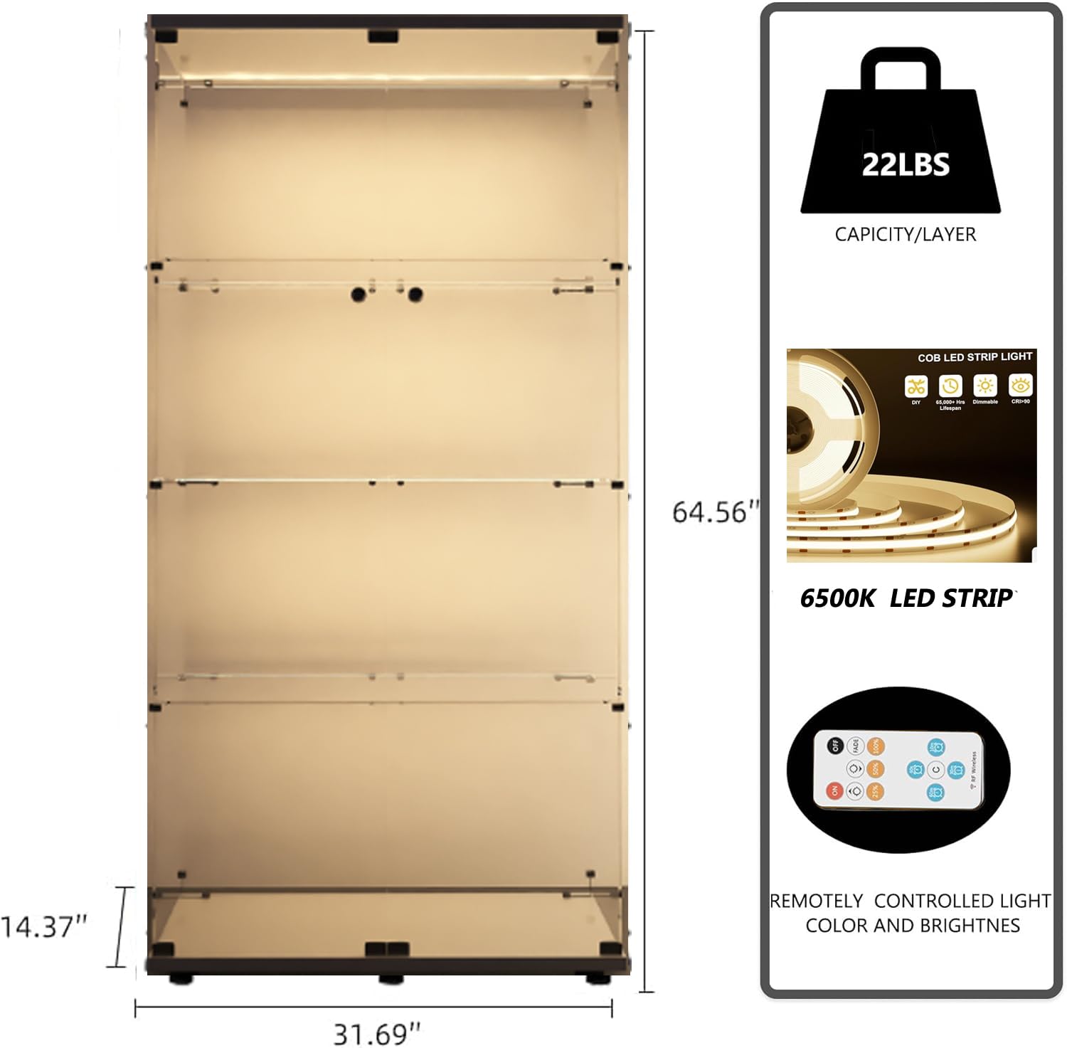 Tempered Glass Display Cabinet with LED Lights & Lockable Doors