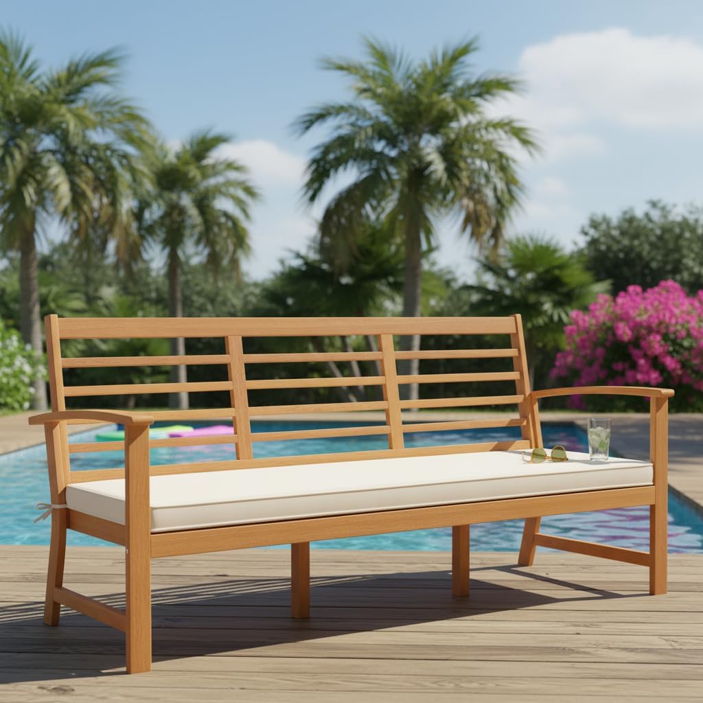 3-Seat Acacia Wood Outdoor Bench with Cushion