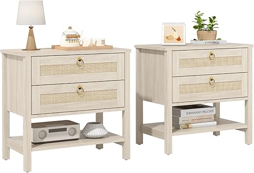 Fluted Nightstands Set of 2 with Charging Station and LED Lights