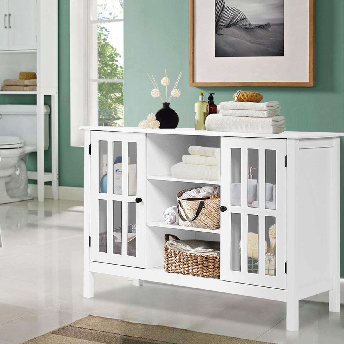 White TV Stand Entertainment Center with Storage Cabinets