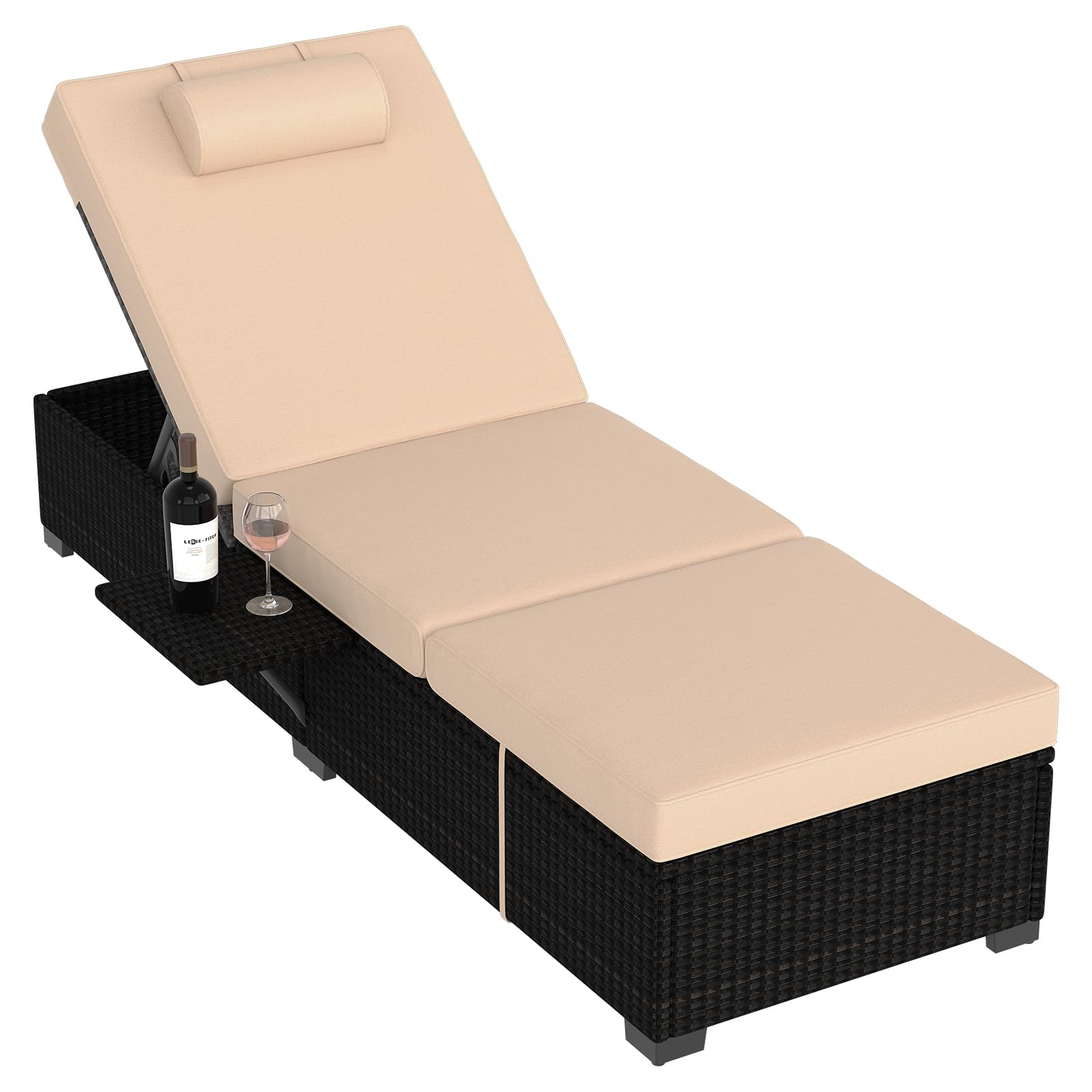 Outdoor PE Wicker Chaise Lounge Set of 2 with Storage Table