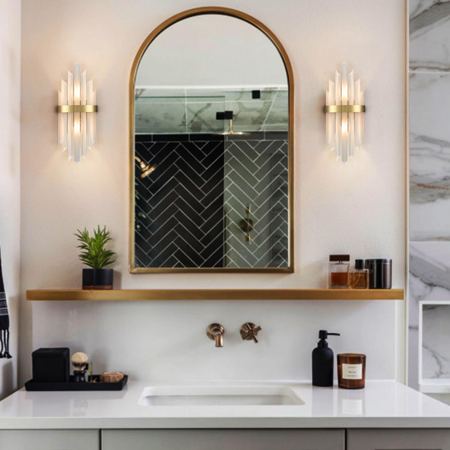 Modern Gold Crystal Wall Sconces Set of Two