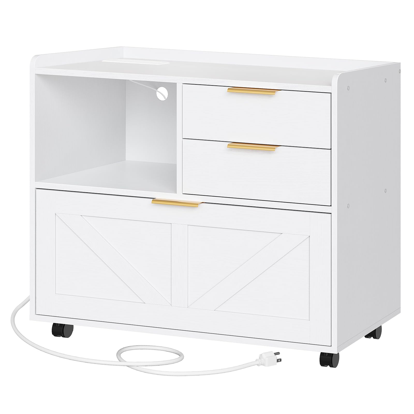 HOOBRO Lateral File Cabinet, Wooden Office Storage Drawers with Charging Station, Filing Cabinet for Home Office, A4/Letter/Legal-Sized Files, Printer Stand with Open Storage Spaces, White WT37UWJ01
